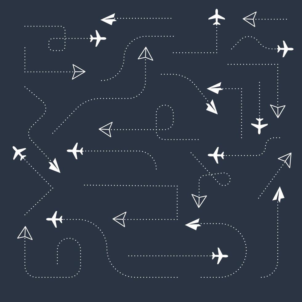 Airplane and hand drawn paper routes. Travel icon and dotted line tracing collection. dash line icons vector