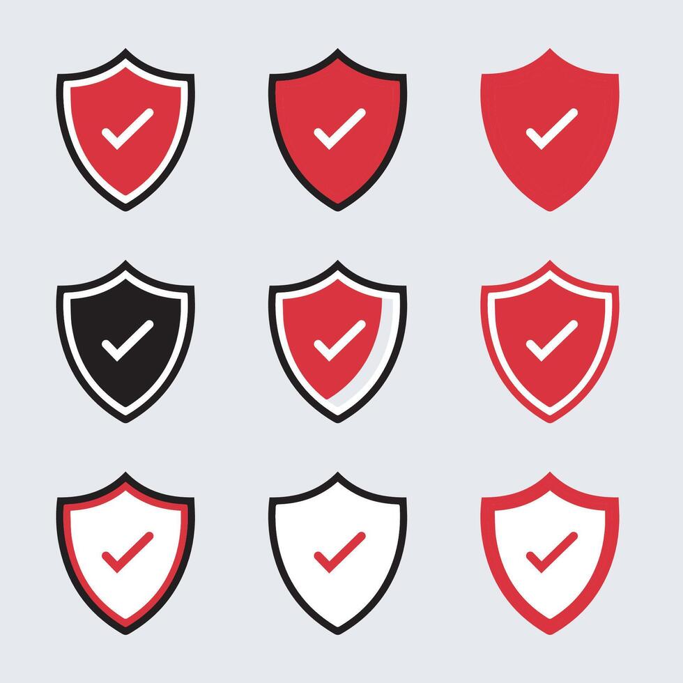 Shield icon set in vintage style. Protect shield security line icons. Badge quality symbol, sign, logo or emblem. illustration vector