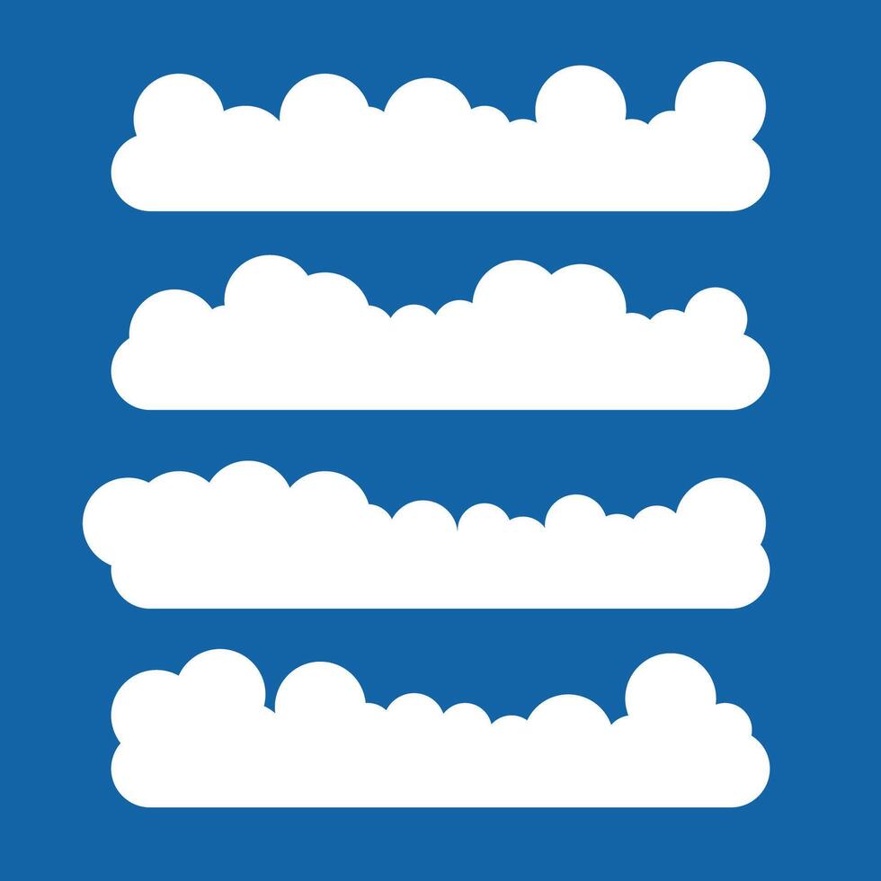 Flat cloud. Simple cloudy shapes. Cartoon white puffy, fluffy and cumulus clouds in blue sky. Abstract comic weather elements. Objects cloudscape for game. vector
