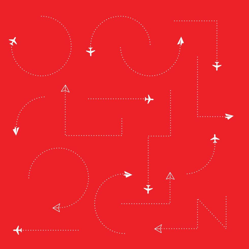 Airplane and hand drawn paper routes. Travel icon and dotted line tracing collection. modern arrow plane with red background vector