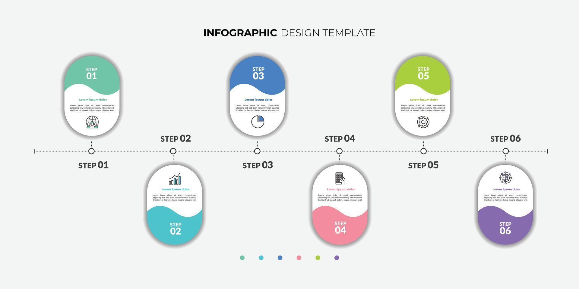Business infographic template. 6 Step timeline journey. Process diagram milestone 6 option trend vector
