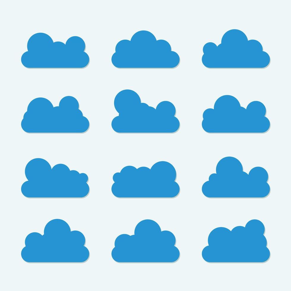 Flat cloud. Simple cloudy shapes. Cartoon white puffy, fluffy and cumulus clouds in blue sky. Abstract bubble comic weather elements vector