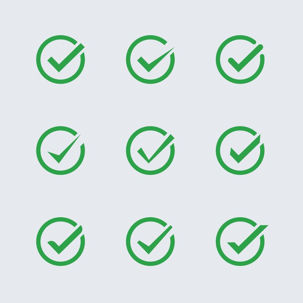 Check box icon with great buttons and yes check mark icons in green check. flat round buttons set. vector