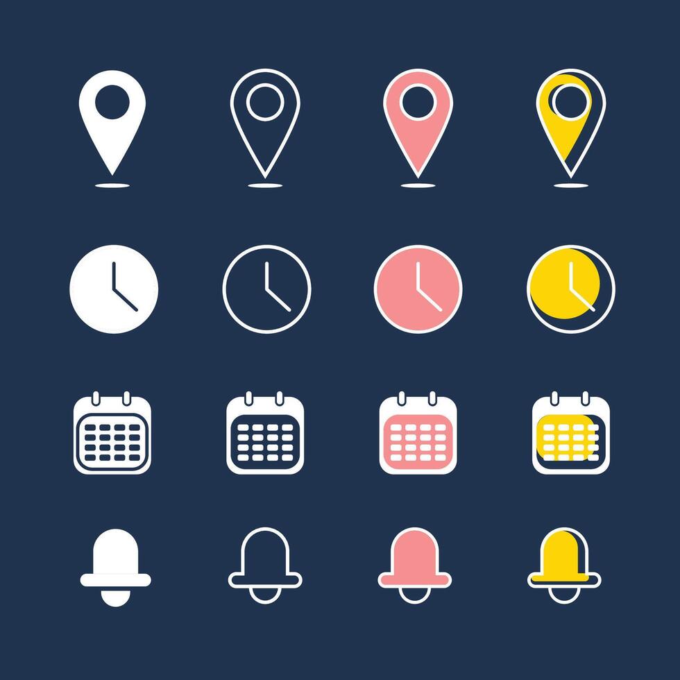 Location, time, calendar and notification icon isolated collection vector