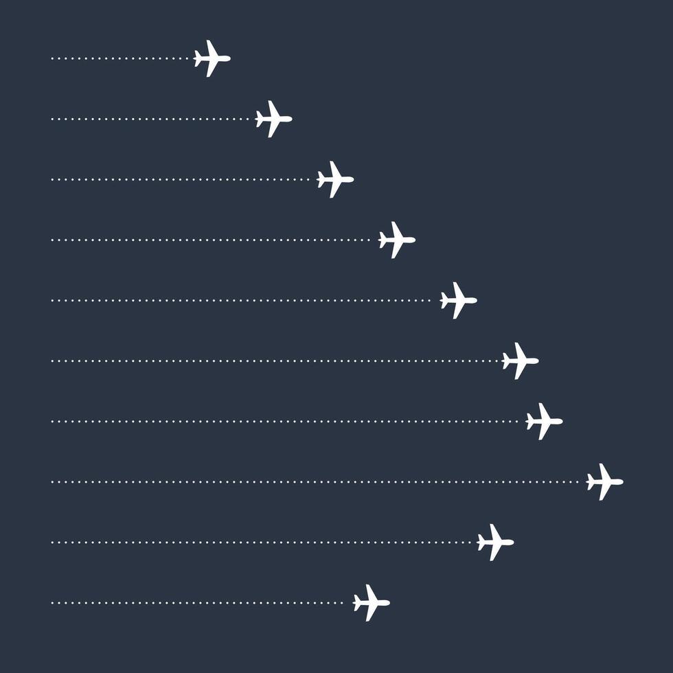 Airplane and hand drawn paper routes. Travel icon and dotted line tracing collection. with dark blue background vector