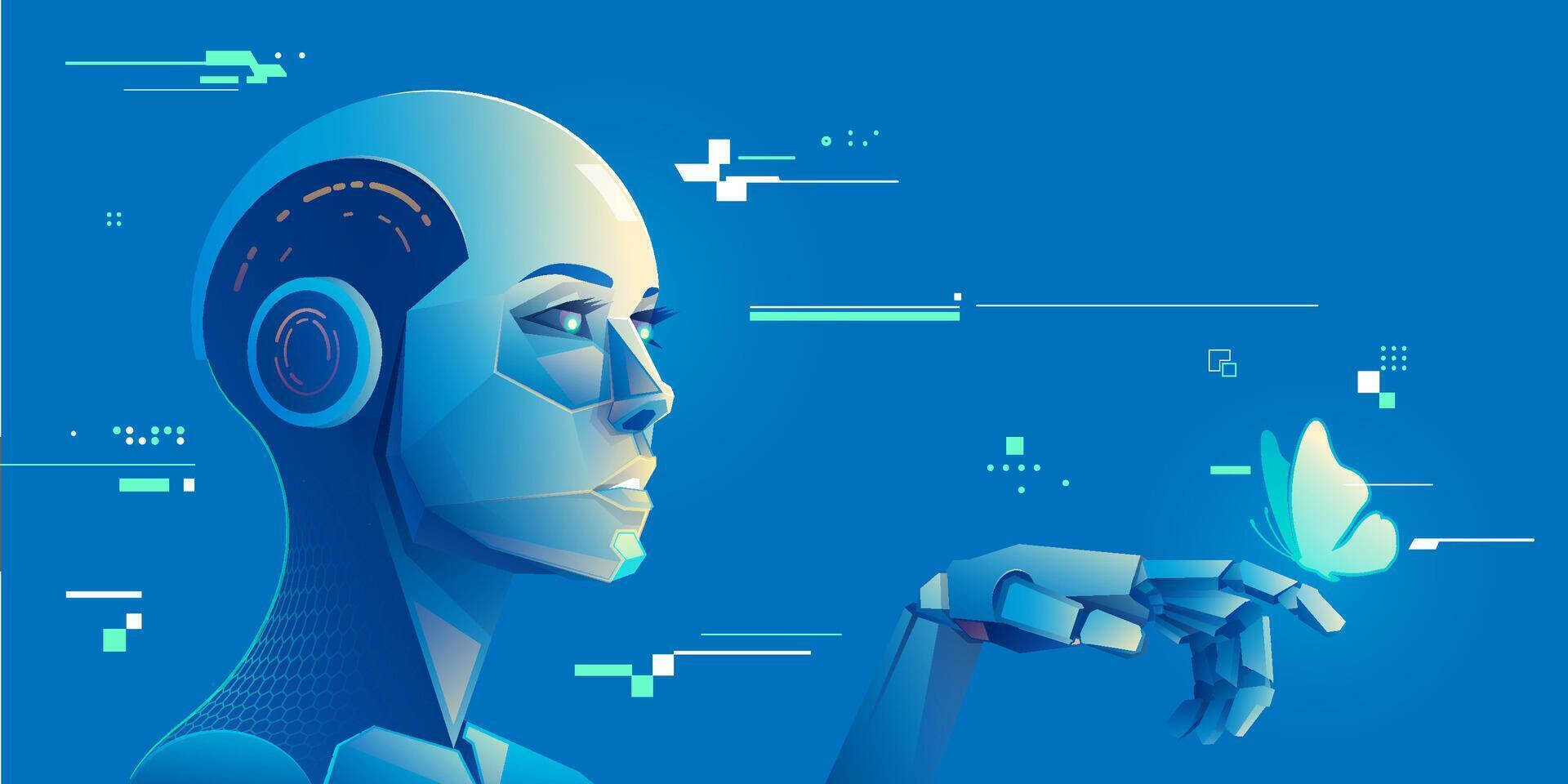 Robot touching butterfly in digital art vector