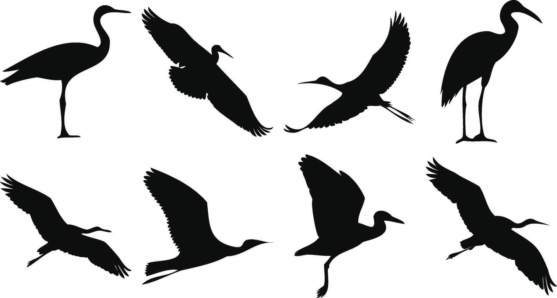 Heron and Egret Bird Silhouettes in Flight vector