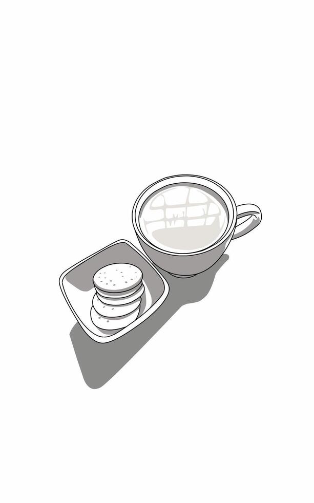 Breakfast menu white milk with biscuits line art drawing vector
