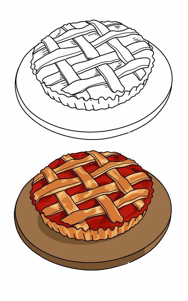 Delicious strawberry pie coloring page for children and prescool education. Food art line vector