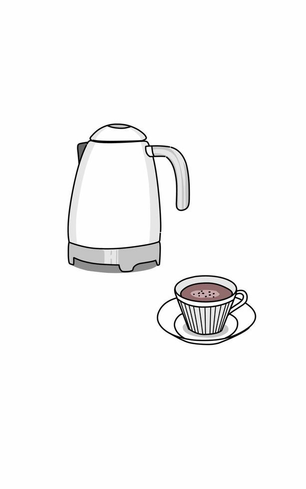 Electric kettle and coffee in a cup line art drawing. Tableware sketch black and white vector