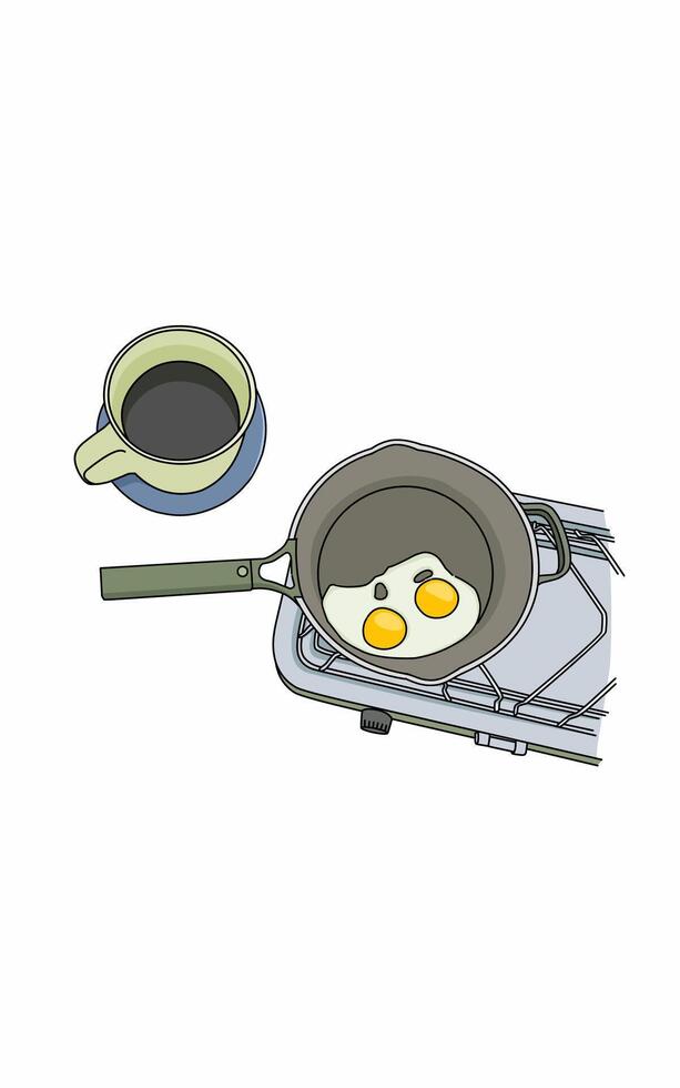 Portable gas stove travel pan with fried egg and coffee on a cup drawing line art. Black and white kitchen sketch vector