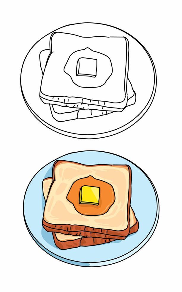 Delicious white bread butter coloring page for children and prescool education. Food art line vector