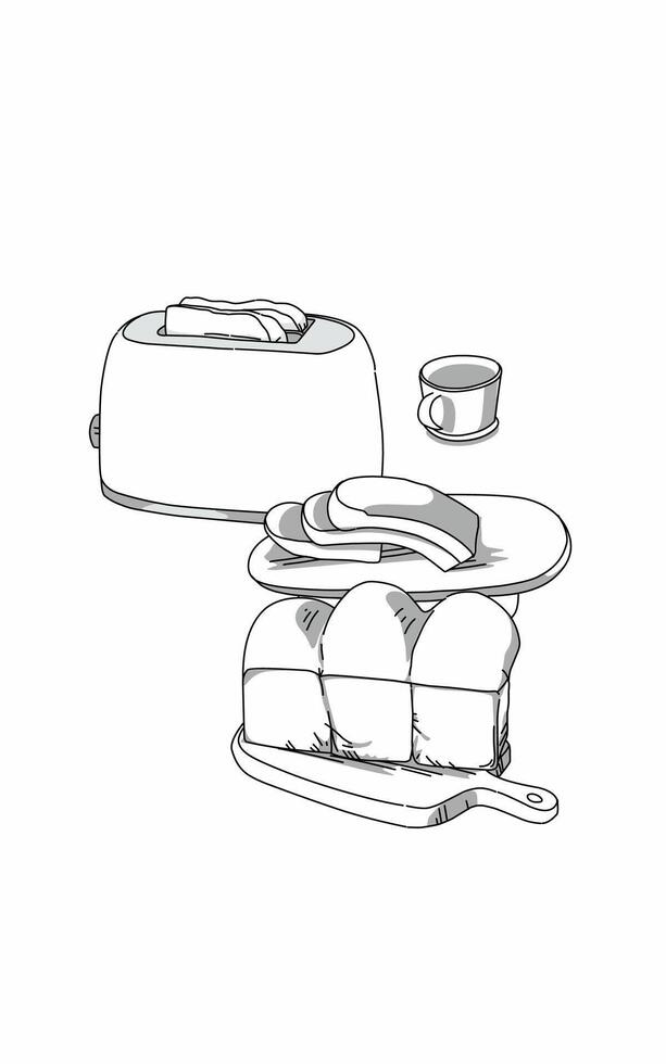 Illustration of white bread and toaster line art sketch. Kitcen home Coloring page vector