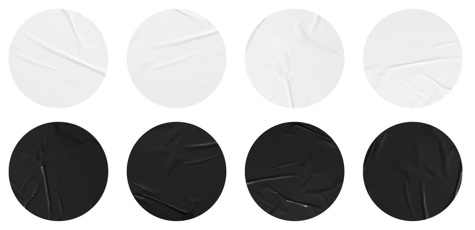 Set of black and white stickers mockup. Blank labels of different shapes, circle wrinkled paper emblems. Copy space. Stickers or patches for preview tags, labels vector