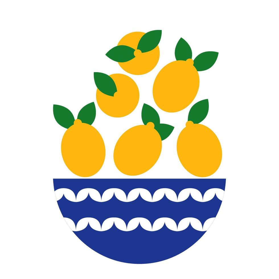 Vase with lemon drawn with simple shapes. Vintage Mediterranean bowl filled with lemons. Blue bowl, fancy Italian tableware. Perfect for kitchen decor, menu, packaging, pattern, card, poster design. vector