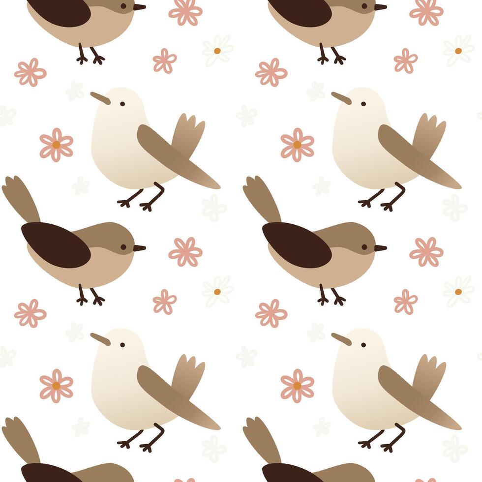 A seamless pattern featuring various small birds in shades of brown and cream, surrounded by simple floral elements in soft colors. Ideal for textile design. vector