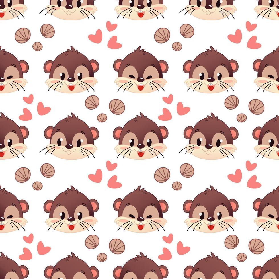 Seamless pattern of three cartoon otter faces showing different emotions, with elements of small shells and hearts. They show happiness, neutrality and curiosity. vector