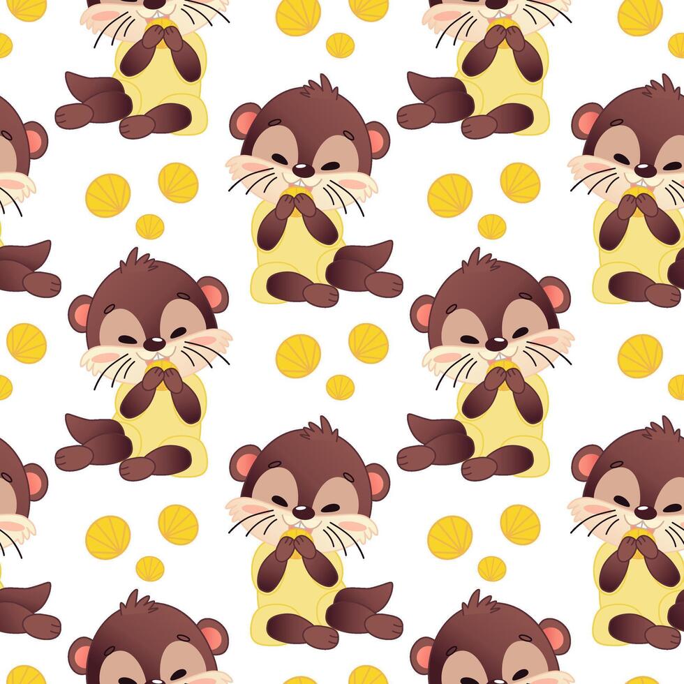 Pattern of cute otters with leaves vector