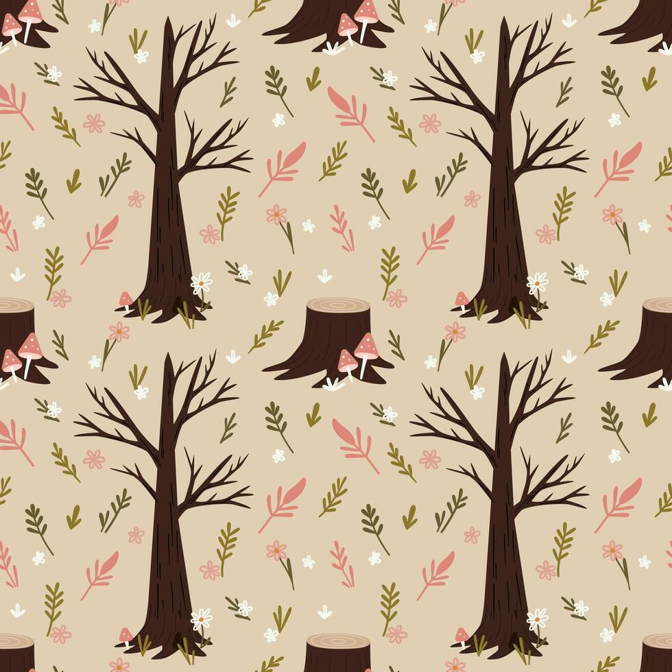 Woodland pattern with trees and mushrooms vector