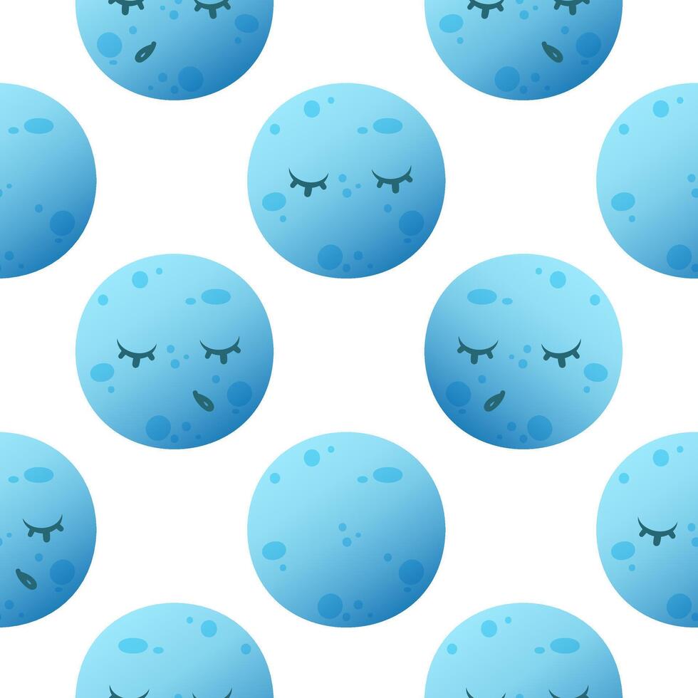 A repeating pattern of blue moons with closed eyes and eyelashes on a white background. The design is playful and whimsical, suitable for various creative projects, for children's themes or summer vector