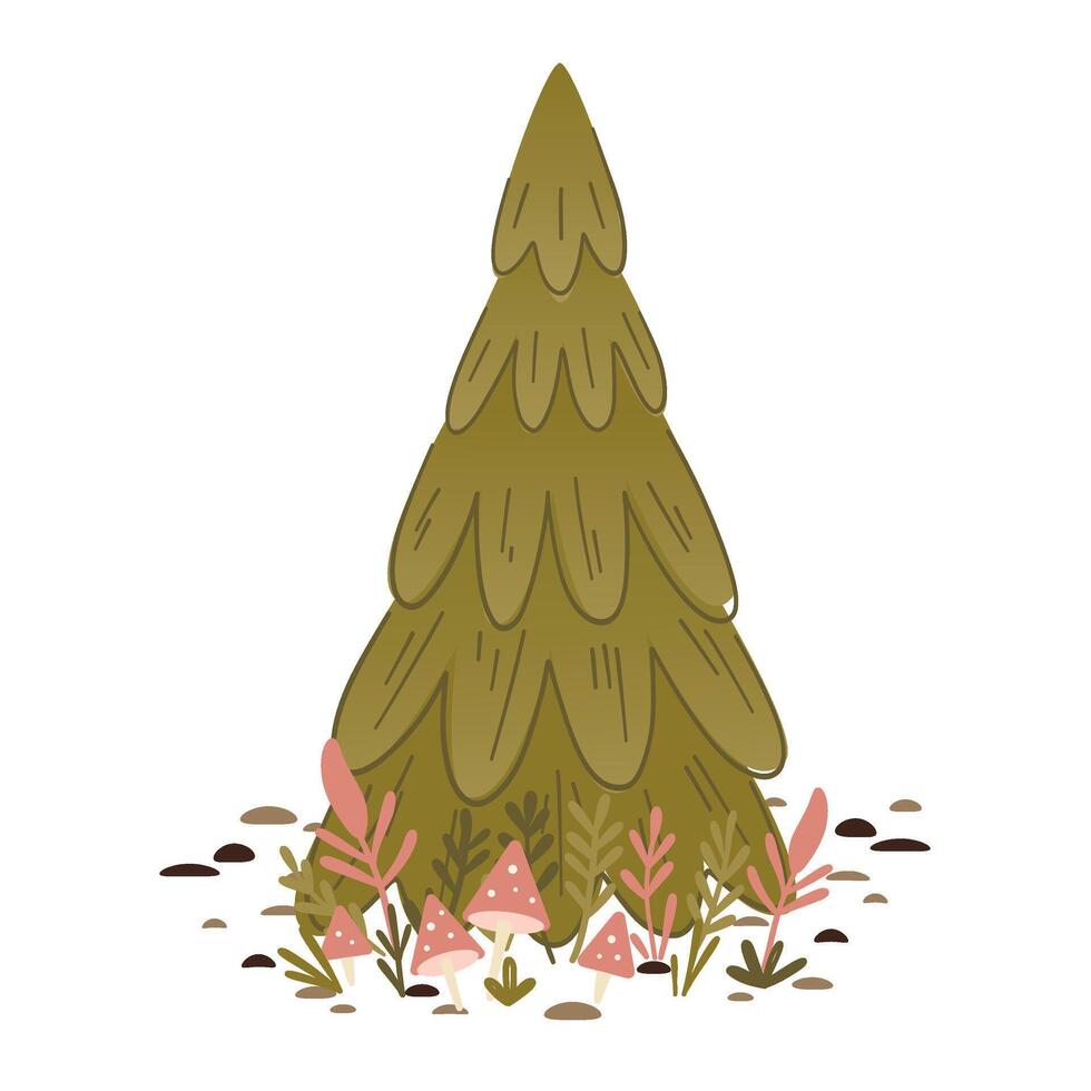 Composite image of a green pine tree with pink flowers growing underneath and fly agaric flowers among the comnies on a white background. The design is playful and inspired by nature. vector