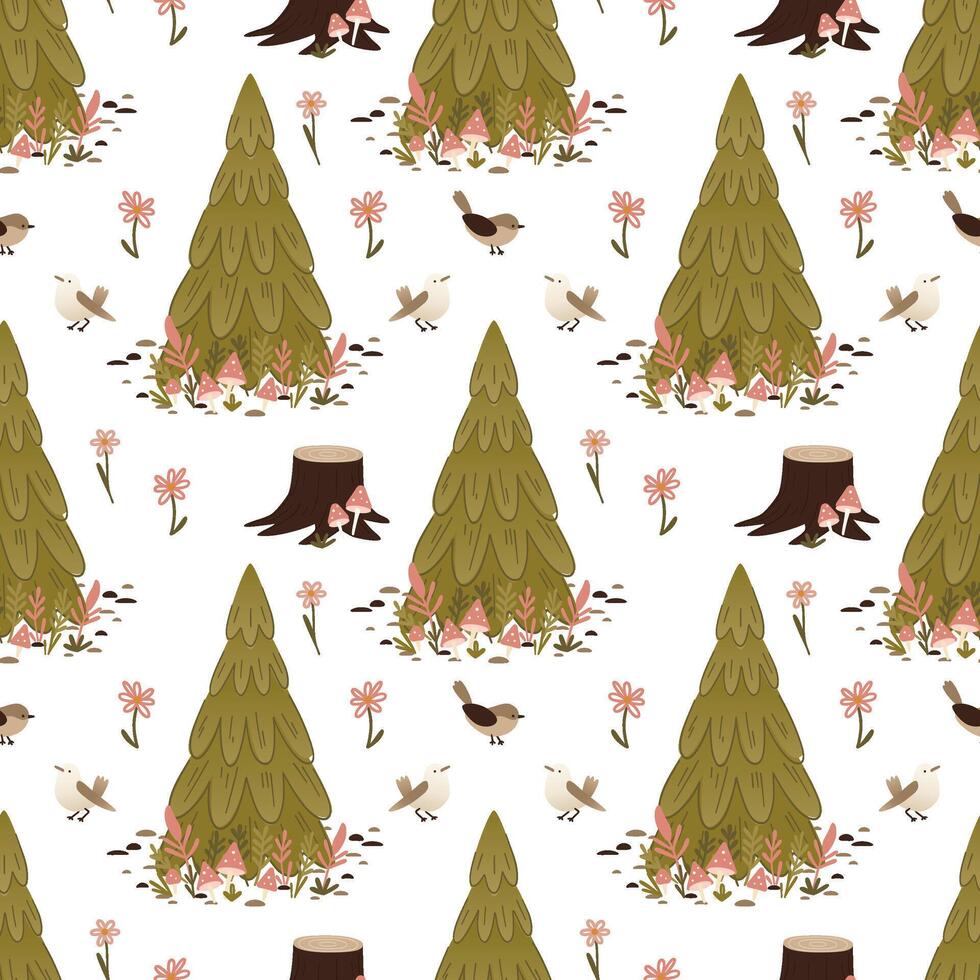 Whimsical tree and bird pattern vector