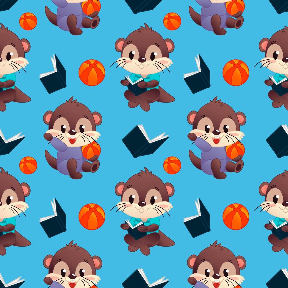 Cartoon otters with basketballs and books vector