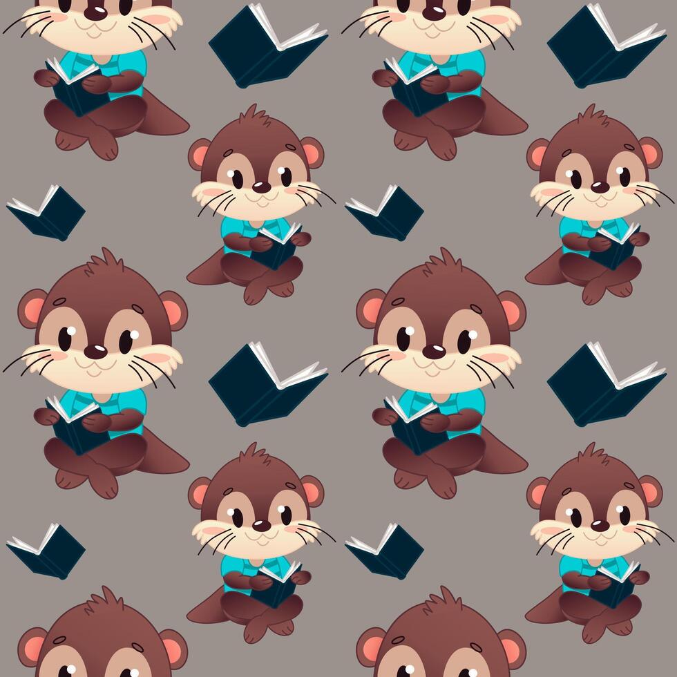 Cartoon otters reading books vector