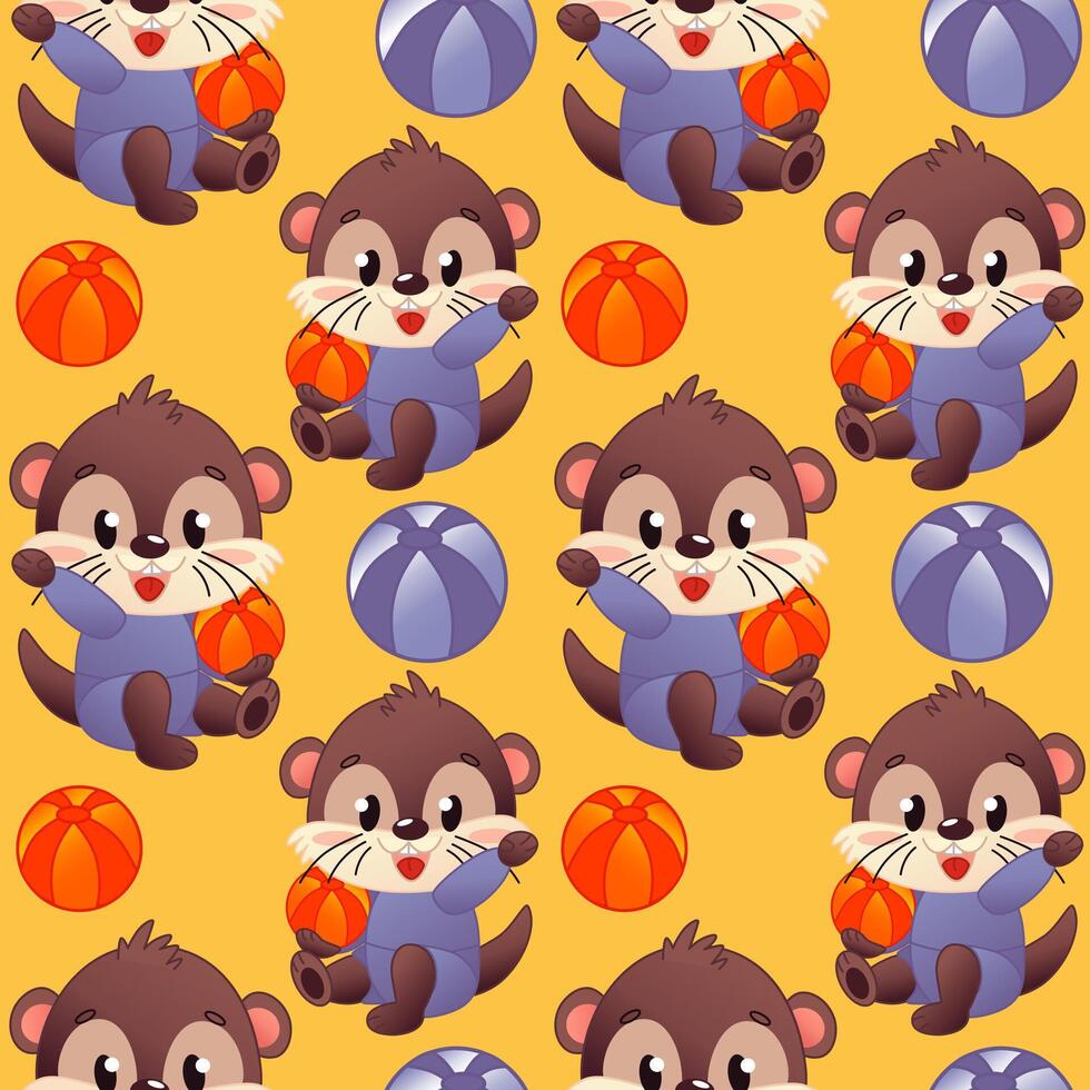 Seamless cute template featuring cartoon otters with orange beach balls. The otters are brown in color with purple costumes. The background is bright yellow color. vector