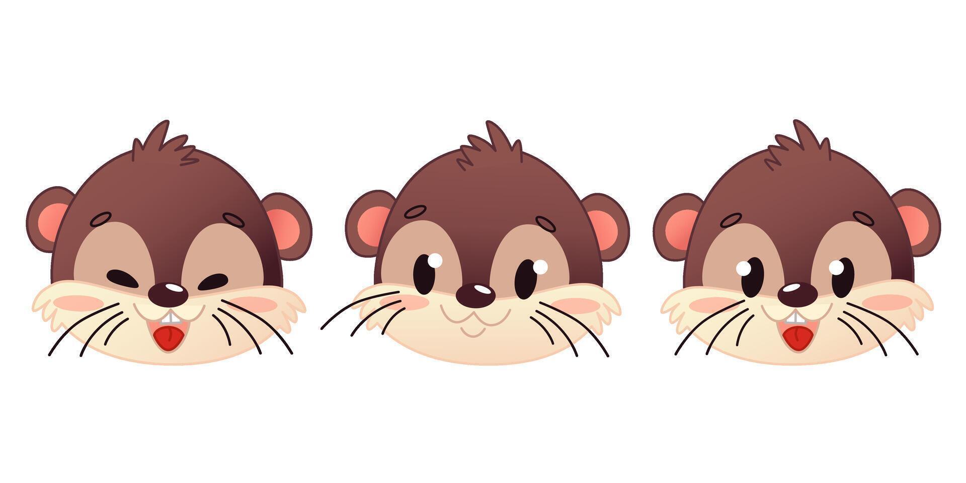 Three cartoon otter faces displaying different emotions. The otters have brown fur, round faces, and prominent whiskers. They exhibit happiness, neutrality, and curiosity. vector