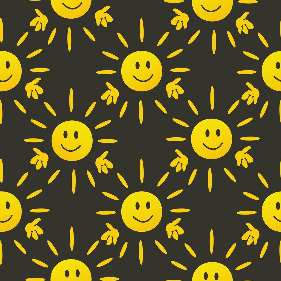 A repeating pattern of cheerful yellow suns with smiling faces and rays on a dark background. The design is playful and vibrant, suitable for various applications. vector