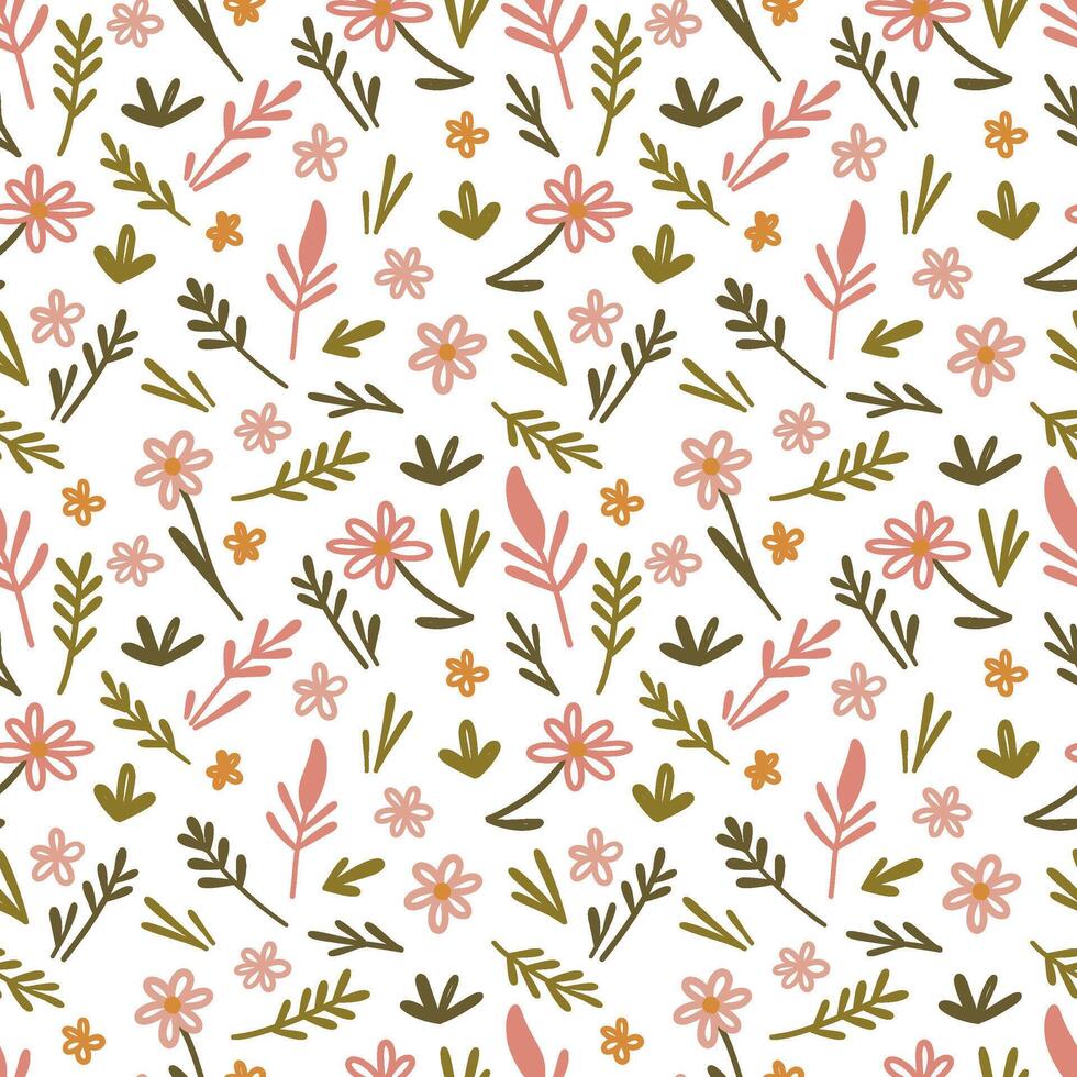 A seamless pattern of various flowers and leaves in soft pink, orange, and green colors on a white background. Ideal for fabric or wallpaper design. vector