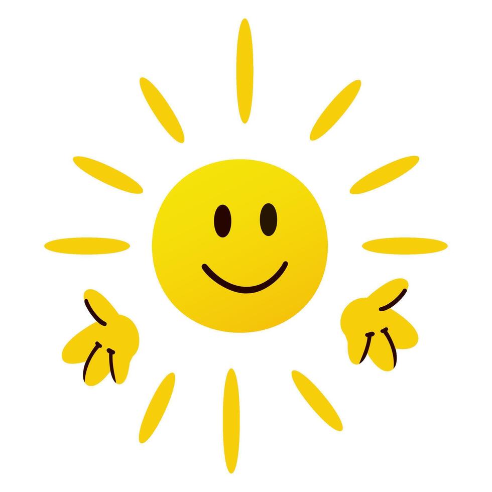 A cheerful yellow sun with a smiling face and rays extending outward. The design is simple and playful, suitable for children's themes or summer concepts. vector