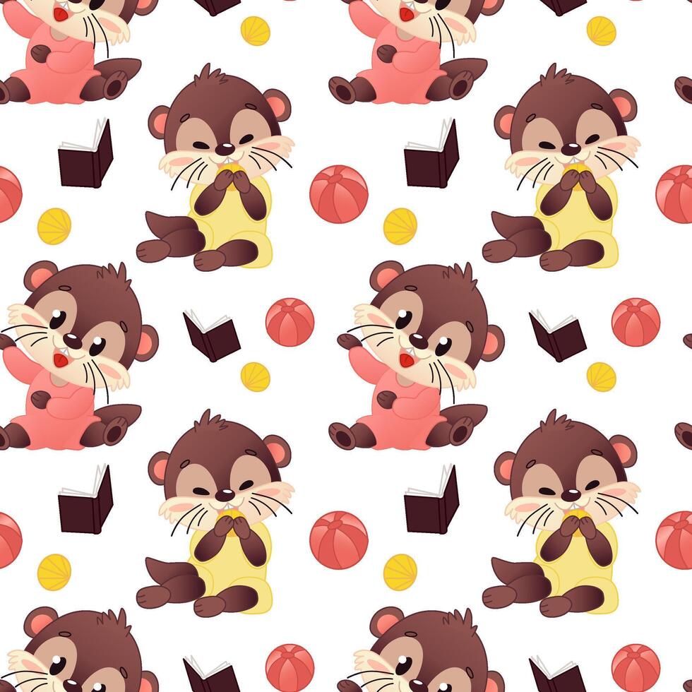 Seamless cute template featuring cartoon otters with shells, books and balls. The otters are brown in pink and yellow costumes on a white background. vector