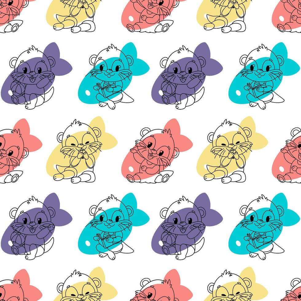 Seamless pattern of four cute otters in different playful poses on the background of four colorful fish. yellow, blue, red and purple. Each otter has a different facial expression and does different vector