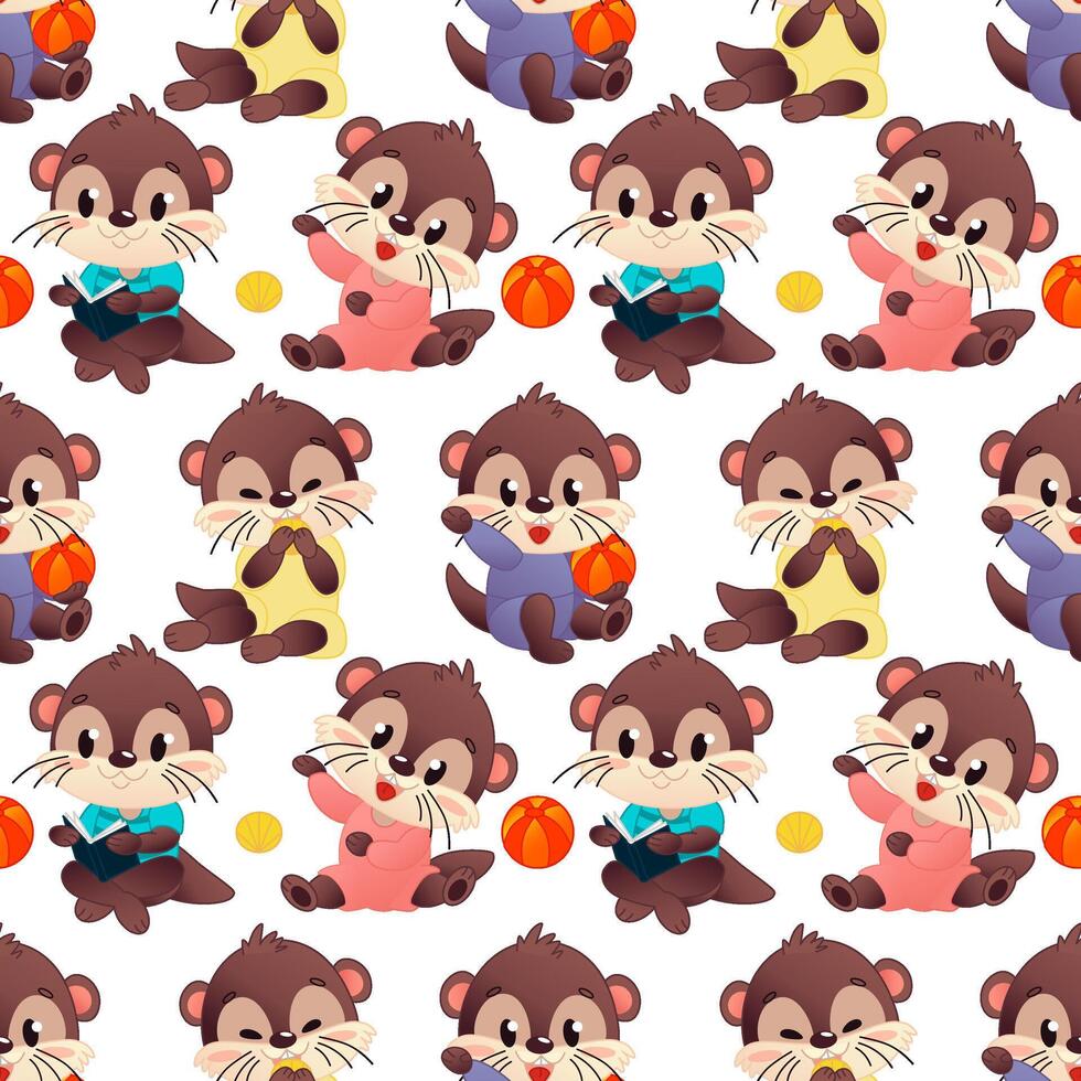 Cartoon otters playing and having fun vector