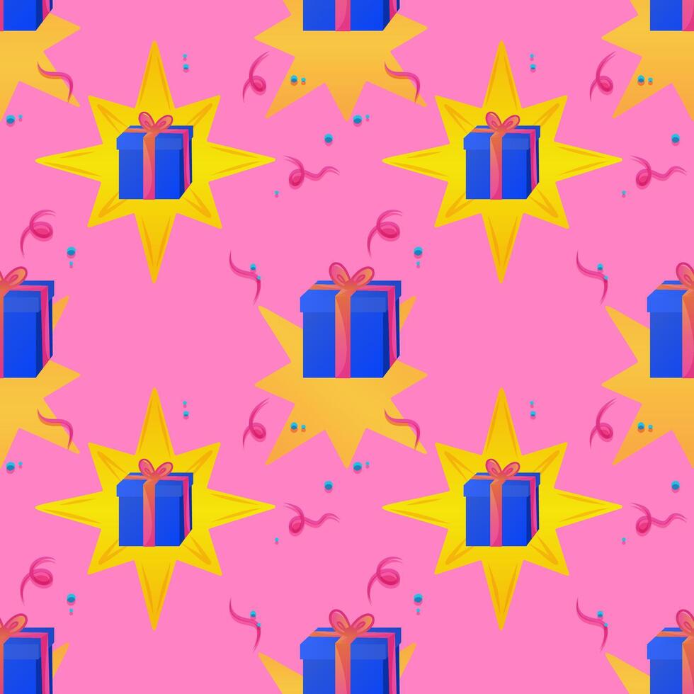 A repeating pattern of Colorful gift box with ribbon sits in the center of a bright yellow star on a pink background. Around the star are festive confetti and streamers creating a holiday atmosphere vector