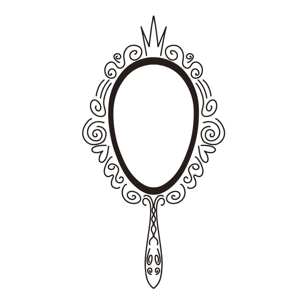Princess crown mirror frame. Handdrawn doodle handle mirror with crown for girl baby princess decorate border. sketch illustration isolated on white background. vector