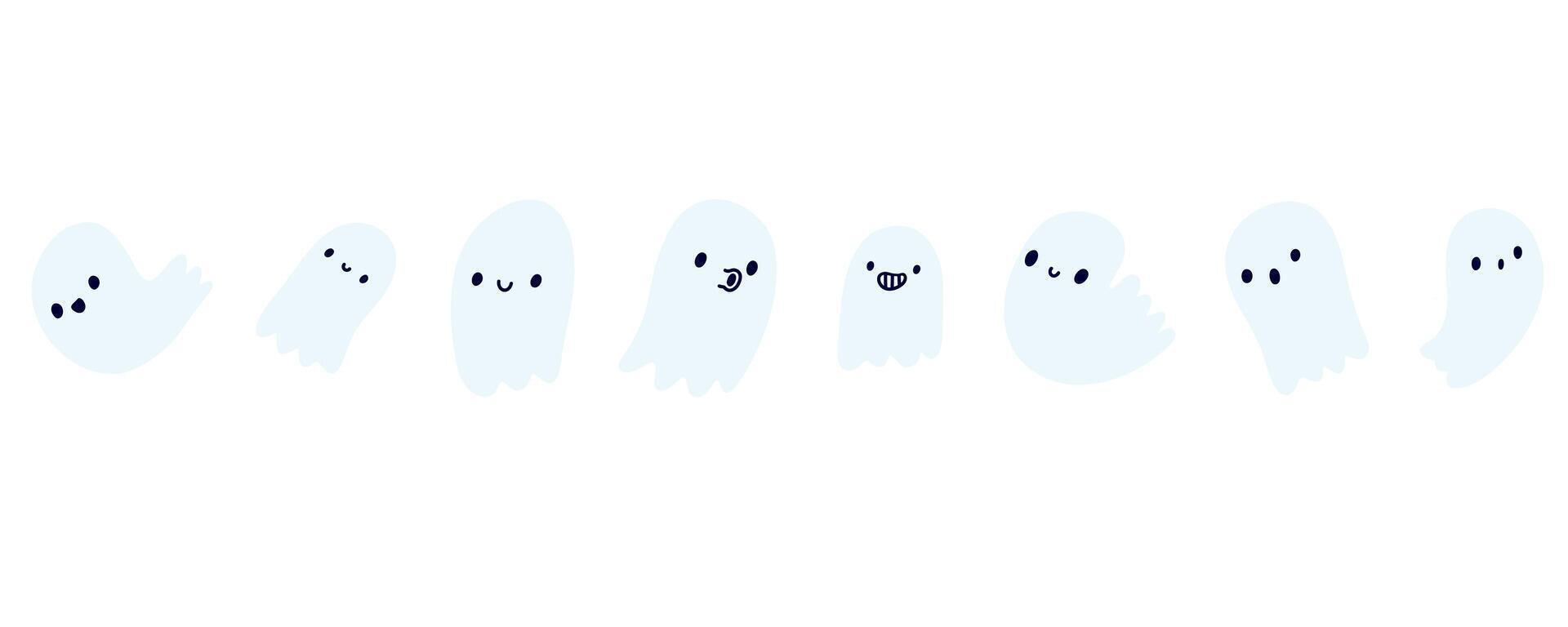 Halloween ghost set in doodle cartoon kawaii cute style. Cartoon hand drawn funny smiling samhain ghost. Trick or treat stock flat illustration isolated on white backgroung. vector
