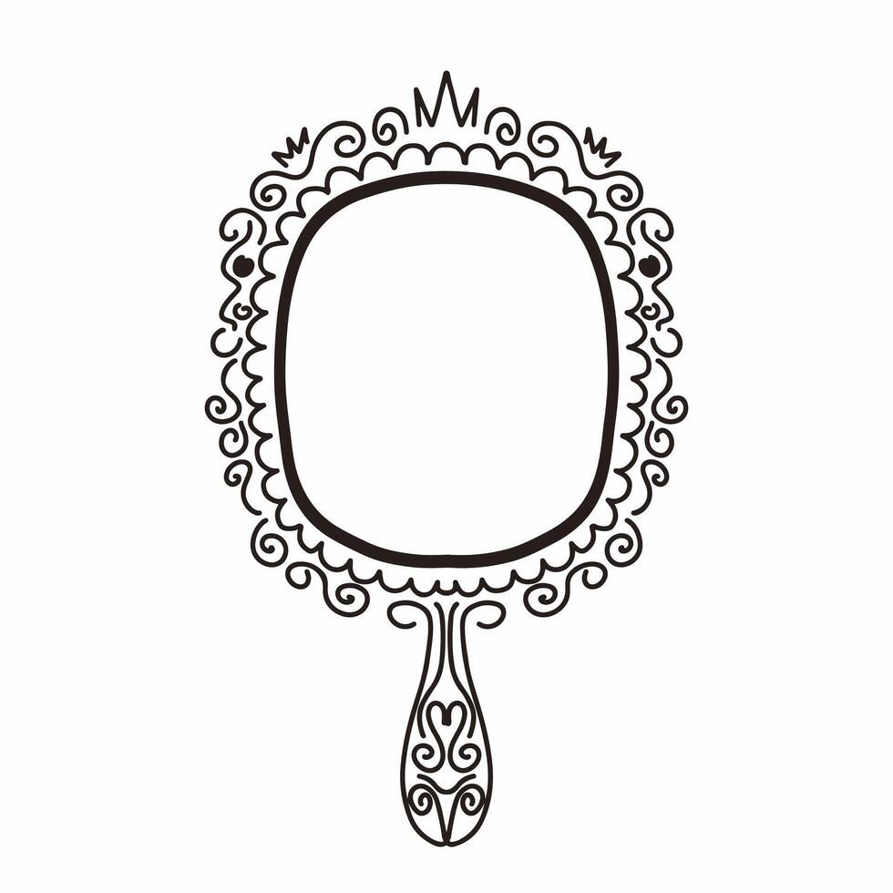 Princess crown mirror frame. Hand drawn doodle handle mirror with crown for girl baby princess decorate border. sketch illustration isolated on white background. vector