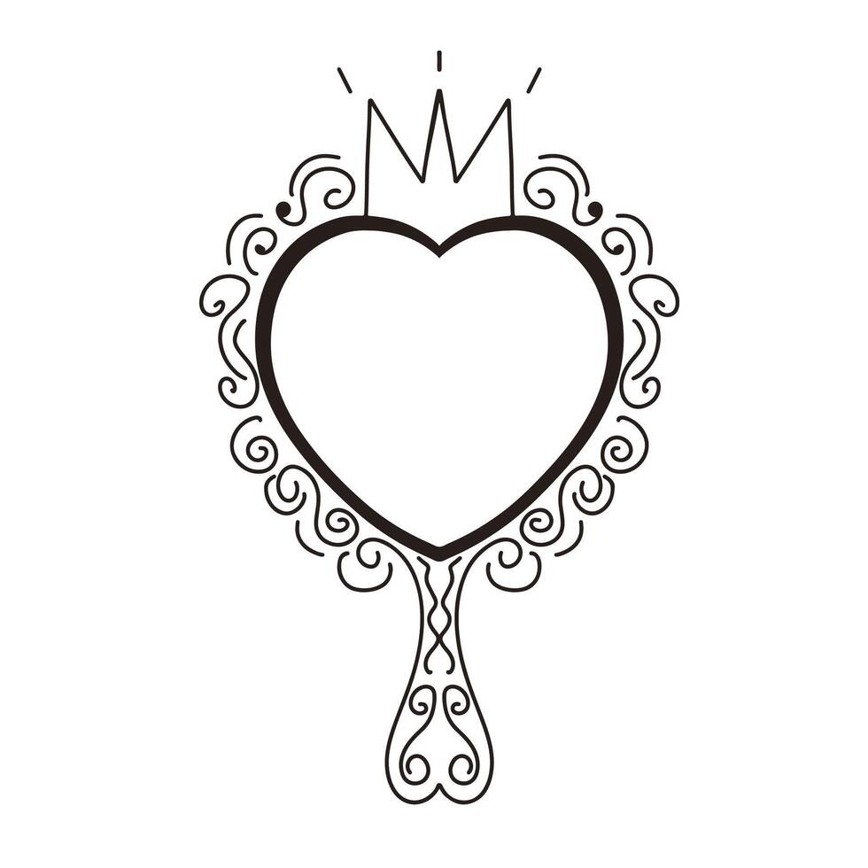 Princess crown mirror frame. Hand drawn doodle handle mirror with crown for girl baby princess decorate border. sketch illustration isolated on white background vector