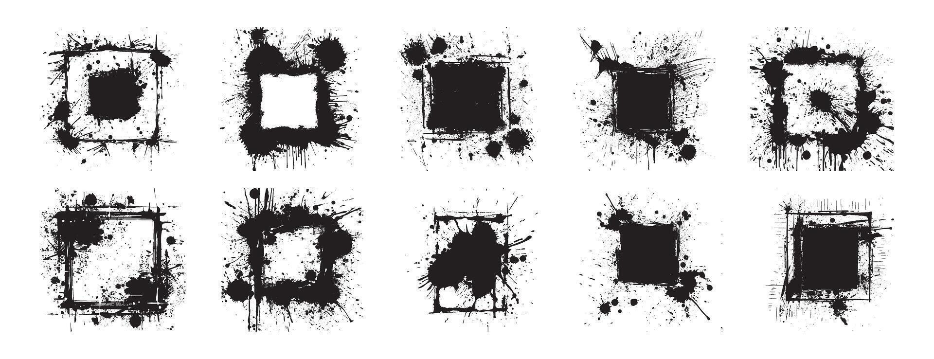 Hand drawn grunge square frames ink splatter elements black white artistic textured borders abstract spray paint effect decorative edges urban graffiti isolated clipart modern illustration vector