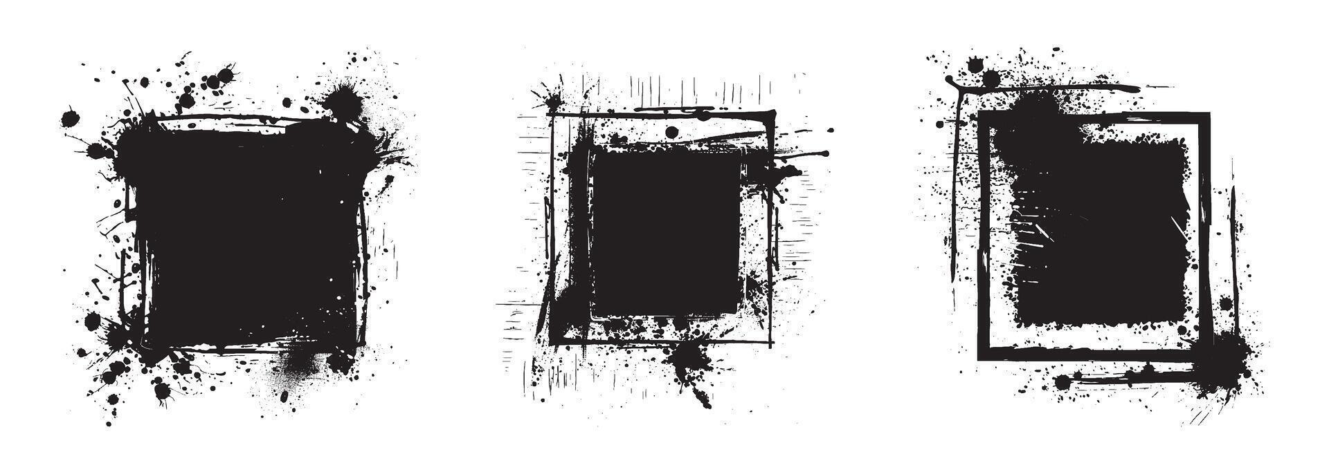 Set of three black grunge frames with ink splatter texture isolated on white background template elements for abstract border design poster graphic layout messy artistic square edge vector