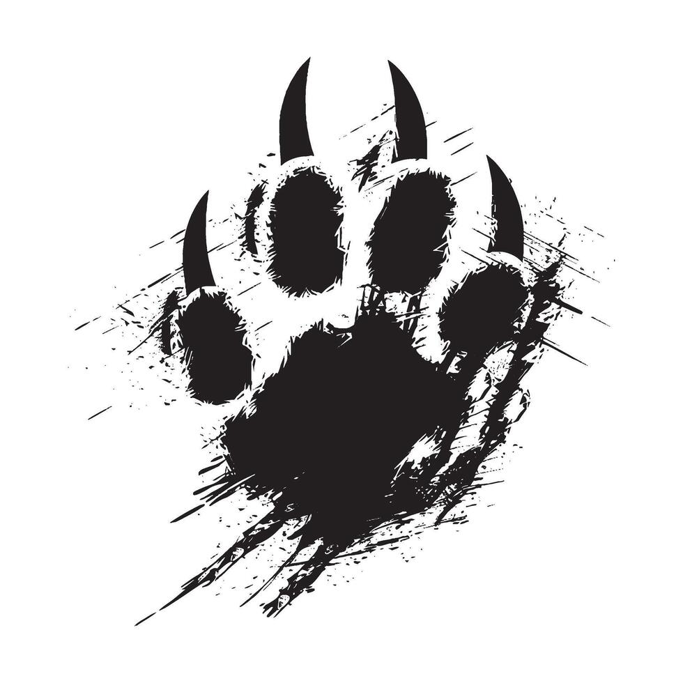 Grunge bear paw print with sharp claws in black ink splatter style isolated on white background, wild animal footprint sketch for tattoo, t-shirt design, tribal art, wilderness survival concept vector