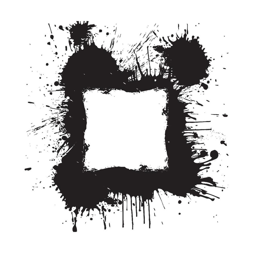 Square ink splatter frame with messy grunge texture and dripping paint design isolated on white background for edgy banner, poster, art template, graphic element or urban visual decoration vector