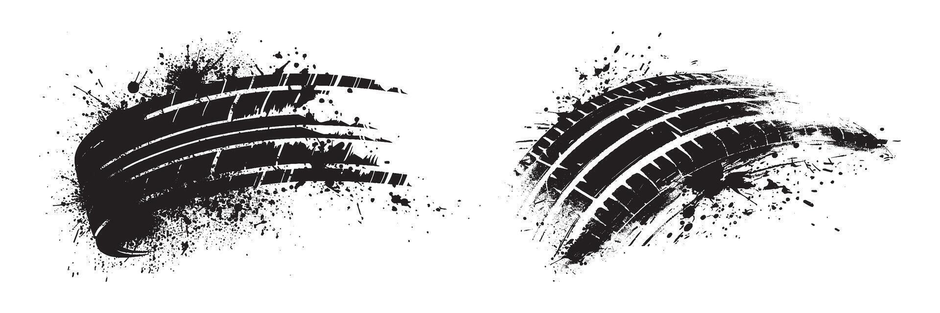 Grunge black tire track imprint with splatter dirt texture isolated on white background illustration for automotive offroad race design skid mark dirty rough print element wheel motion vector