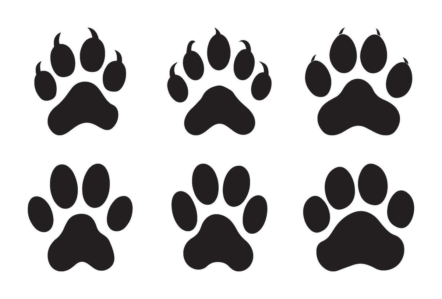 Collection of black animal paw print icons set isolated on white background, different styles of pet footprint silhouettes for veterinary, design, logo, petcare, tracking, wildlife, cat, dog vector