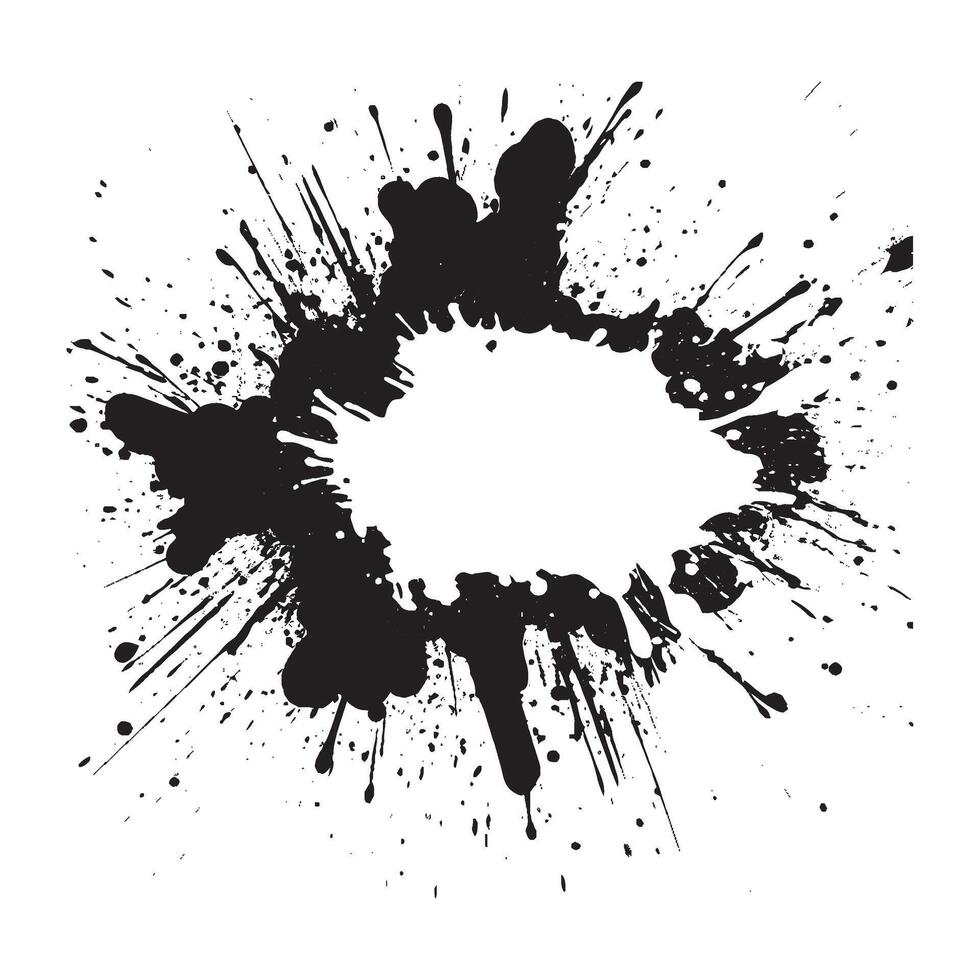 Black abstract ink splatter explosion on white background with dynamic paint spray burst for grunge banner, urban art poster, graphic design texture or street style decoration element vector