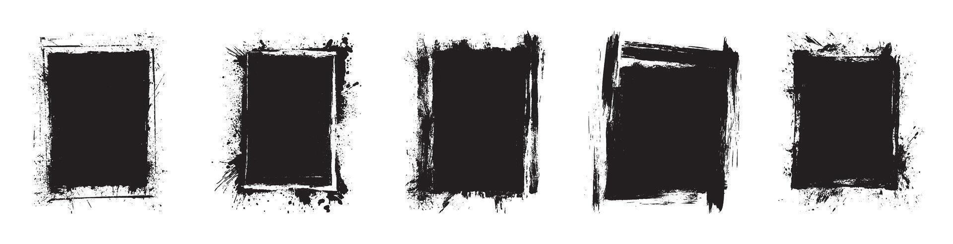 Grunge vertical black ink rectangle frames set abstract paint splatter textured borders white background handmade brush stroke design elements urban graffiti modern clipart isolated collection vector