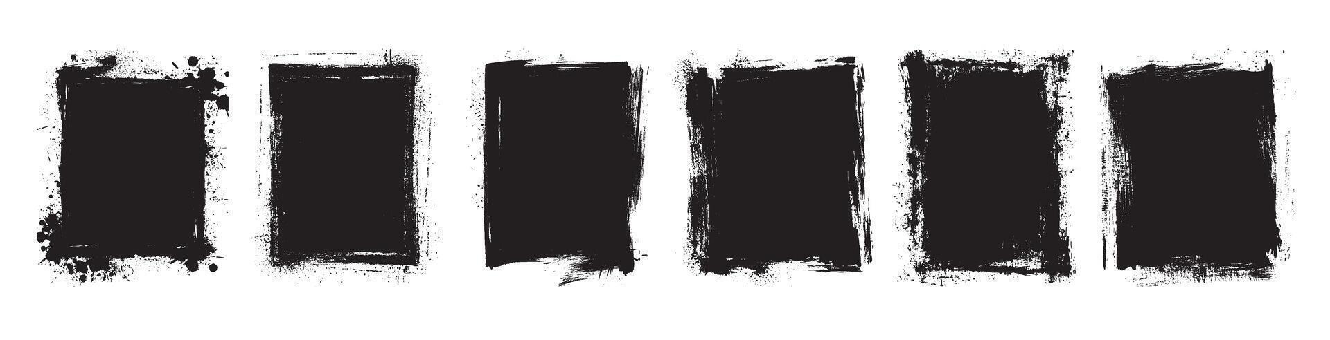 Grunge black square brush strokes set isolated on white background, rough paint texture borders collection for design template, abstract rectangular ink frame shapes for banner, poster, artwork vector